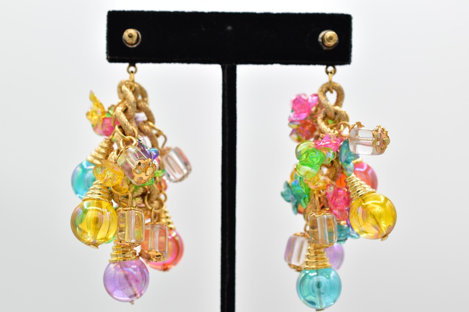 Vintage Ornament Beaded Dangle Earrings Chain Multi-Color Lucite Chunky NOS A28