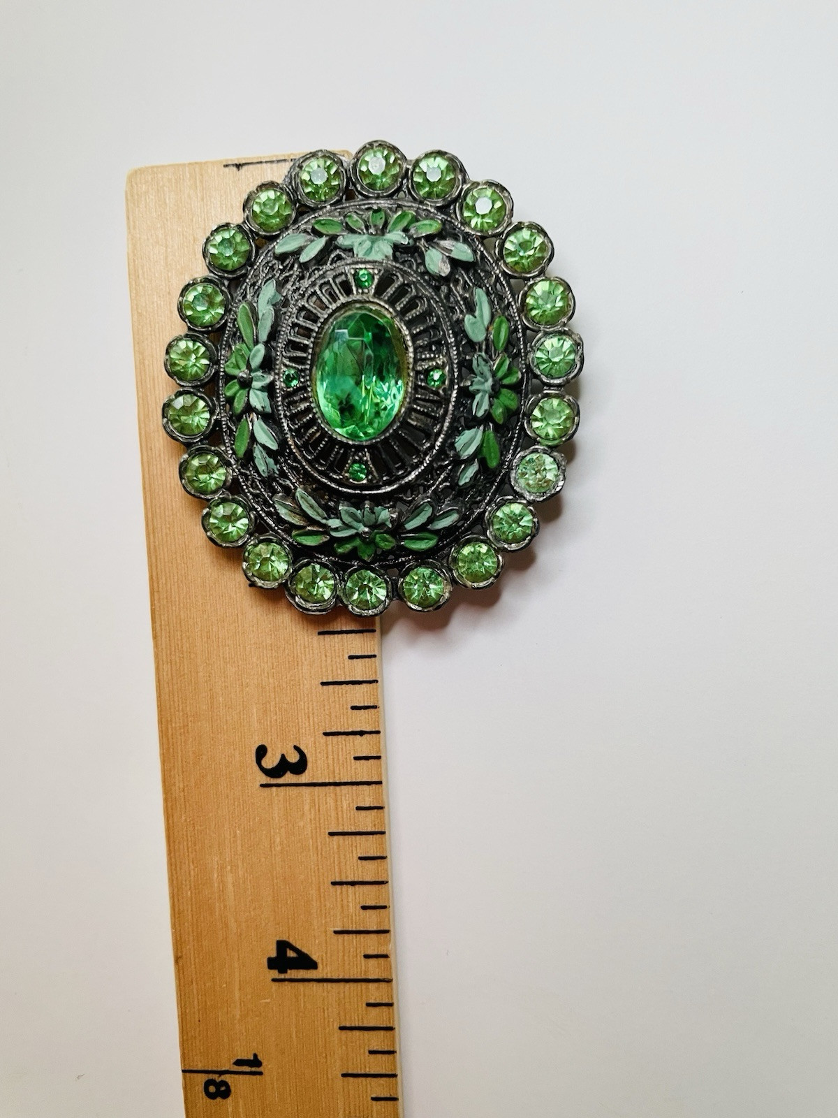 Vintage Estate Brooch Signed L/N Little Nemo Green Rhinestones Repousse Enamel