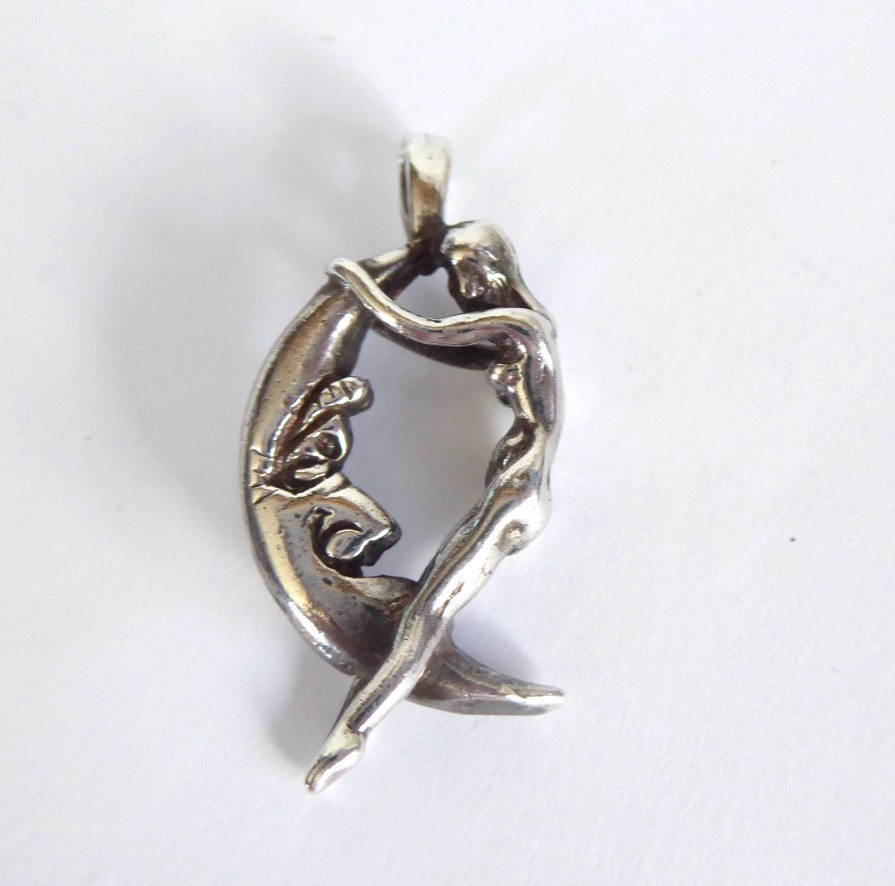 Risque Sterling Silver Pendant Nude Woman Riding Moon 4.7 grams Solid 925 Fairy