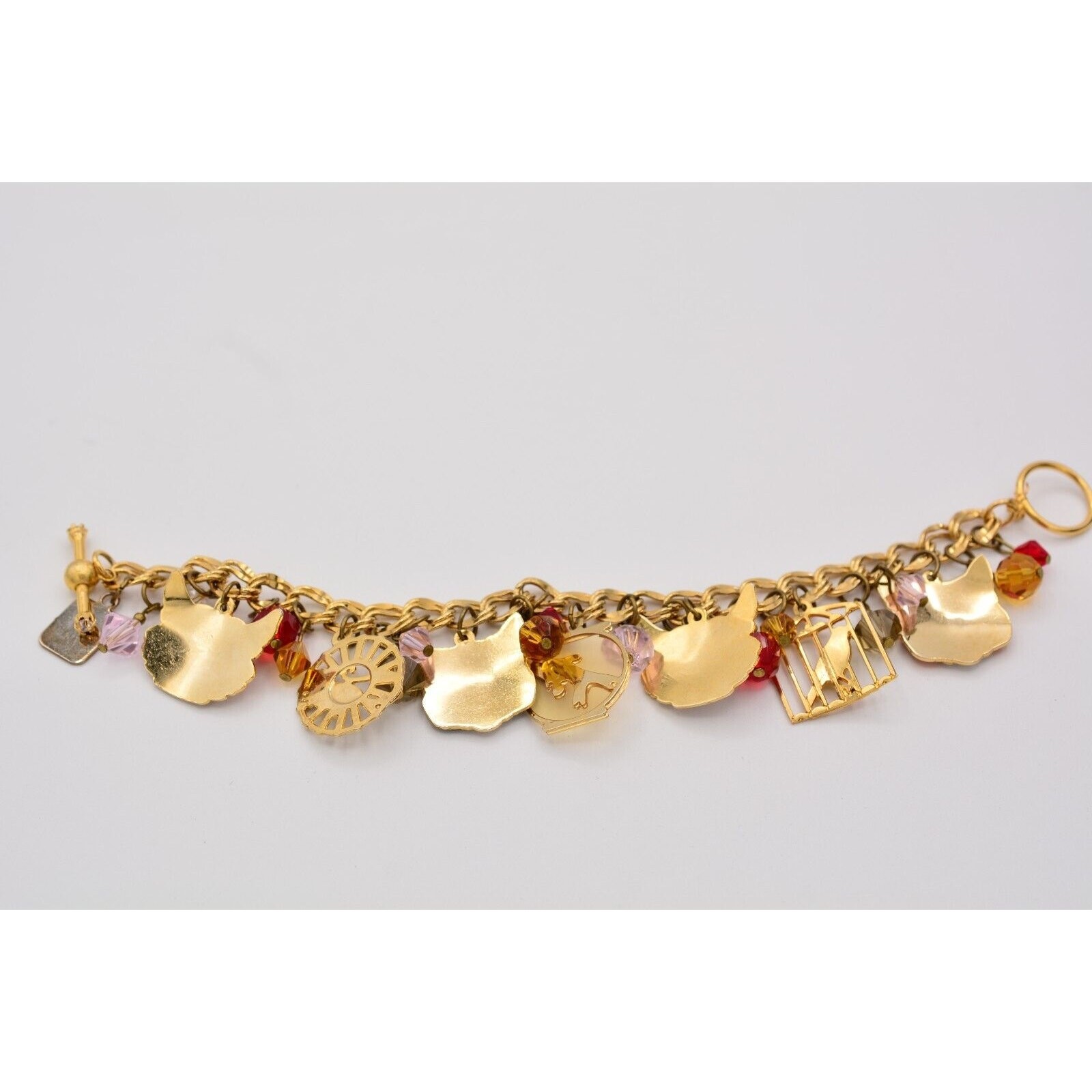 Lunch at The Ritz Vintage Cat Charm Bracelet Bird Fish Crystal Signed 1990s Bin6