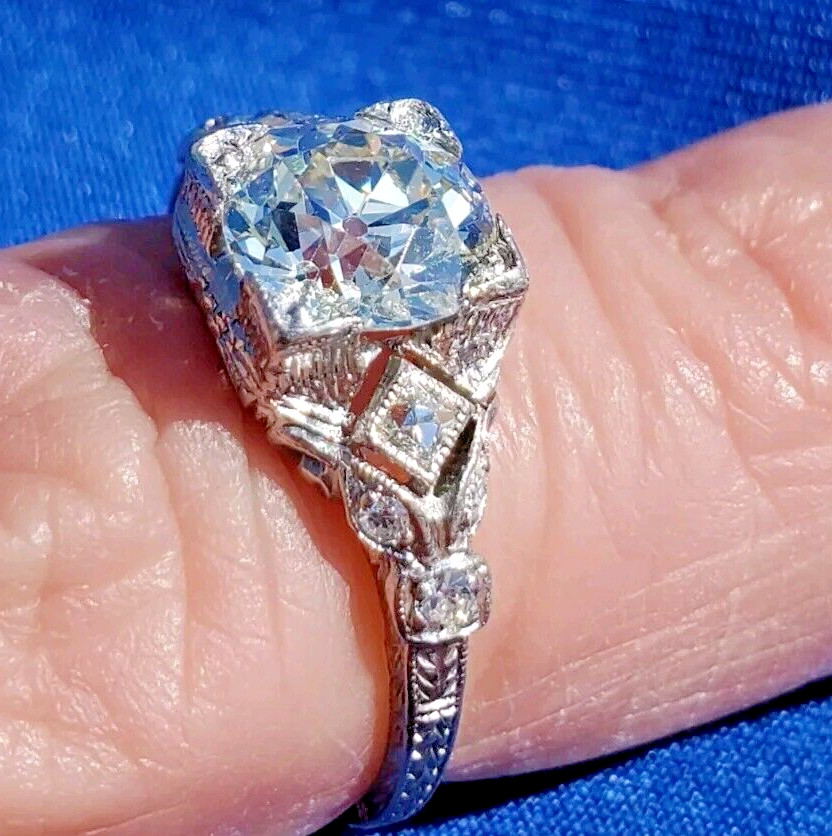 Original EARTH MINED DIAMOND Deco Engagement Ring 1.5 Antique Platinum Solitaire