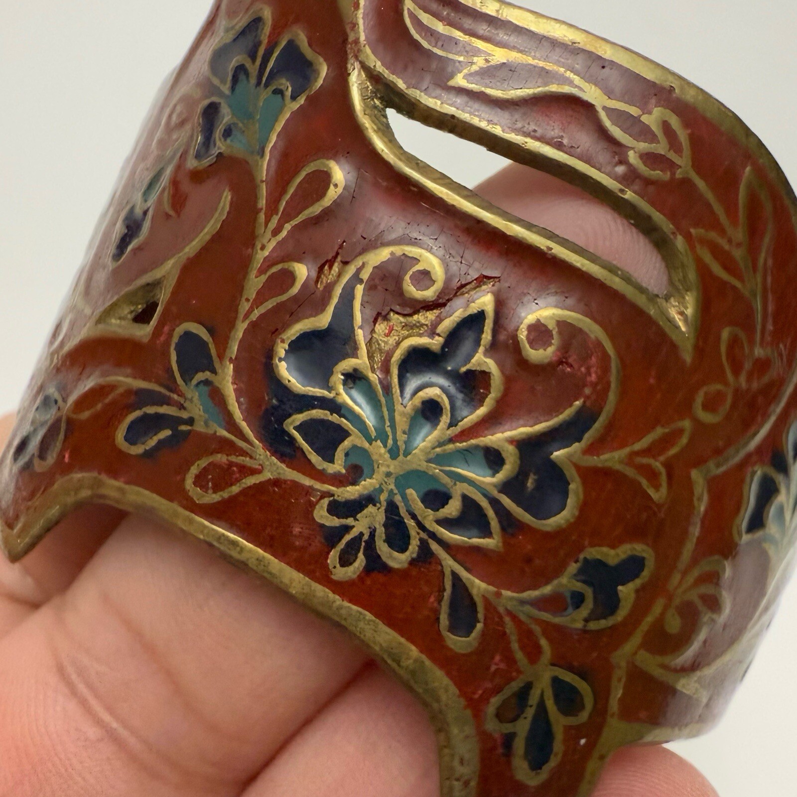 Vintage Horse Floral Red Enamel Brass Cuff Bracelet Made in India