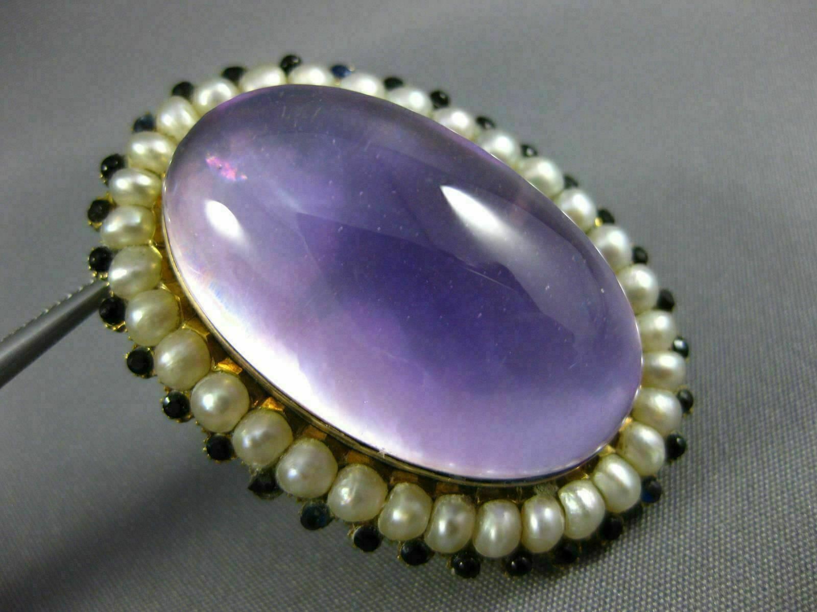 ANTIQUE EXTRA LARGE AAA AMETHYST SAPPHIRE & PEARL 14K YELLOW GOLD PENDANT BROOCH