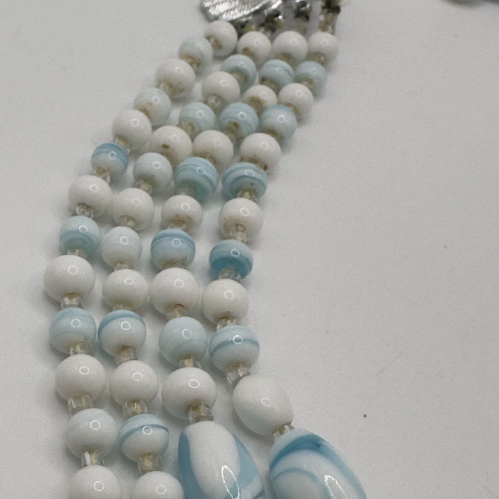 Vintage Multi 4 Strand Necklace Blue White Art Glass Beaded 17″ Choker Bib Japan