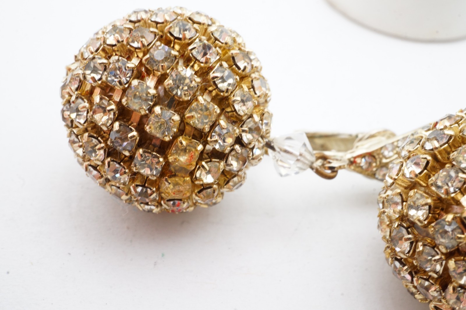 Vintage Clip On Earrings Gold Tone Rhinestone Ball