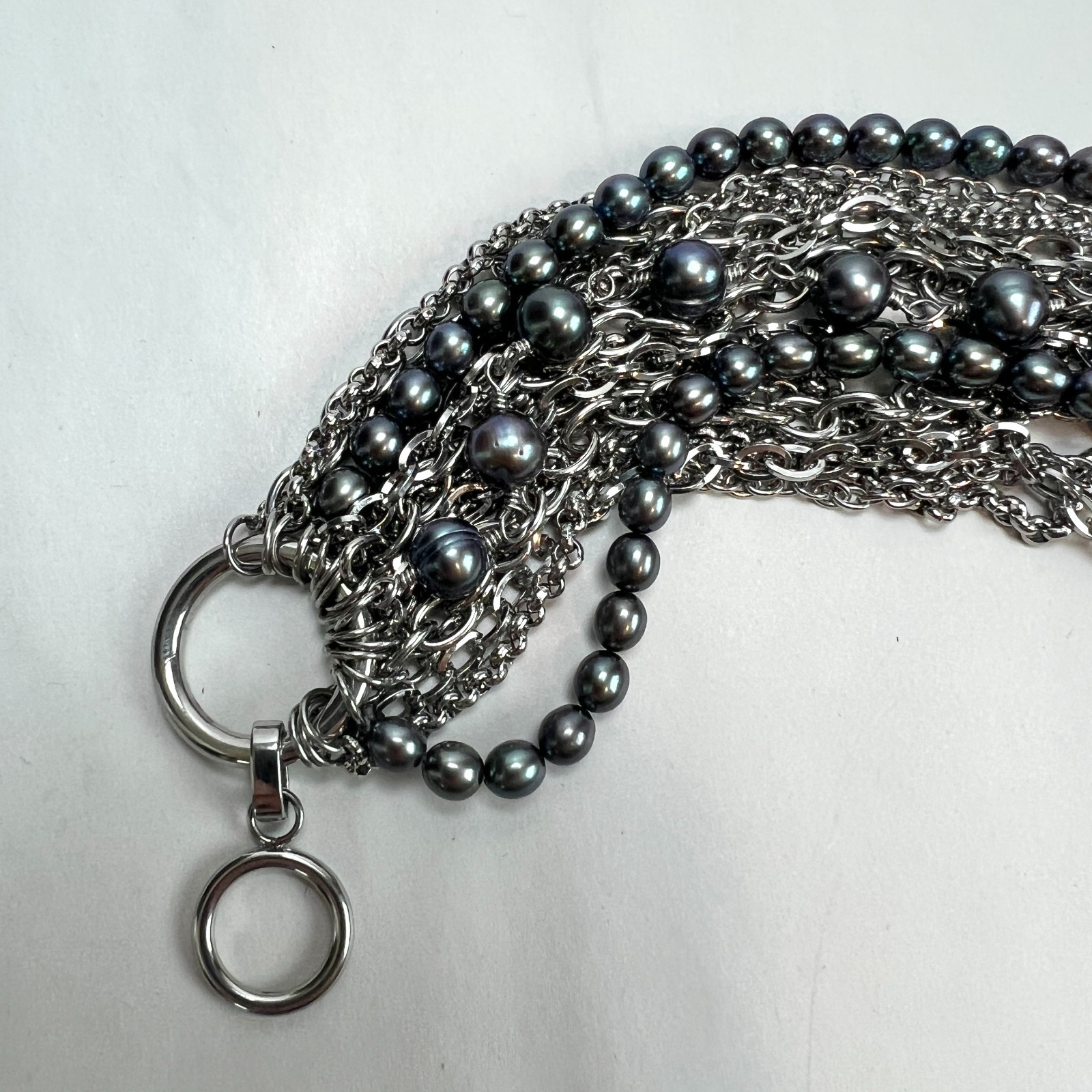 Stainless Steel Multi Strand Chain Bracelet Gray Faux Pearls Toggle Clasp 8 Inch