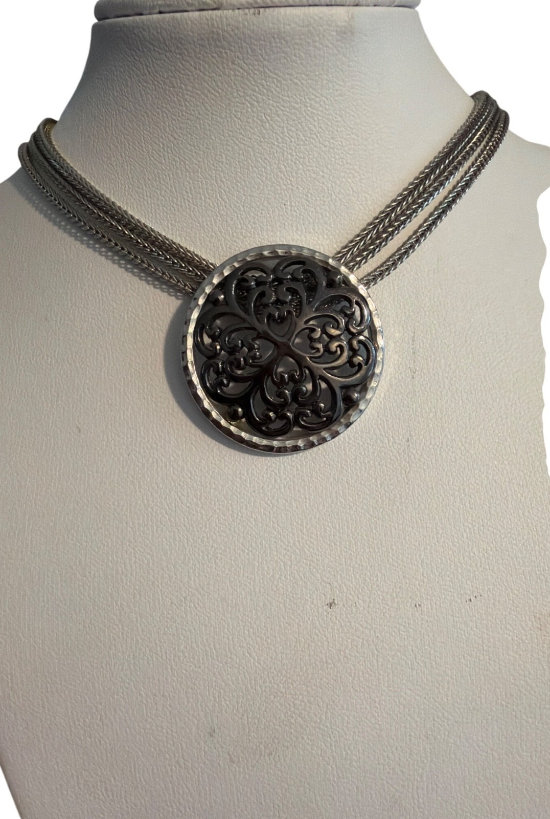 Silver Tone Black 3 Chain Pendant Necklace Collar Filigree Slide Adj 18″ Estate