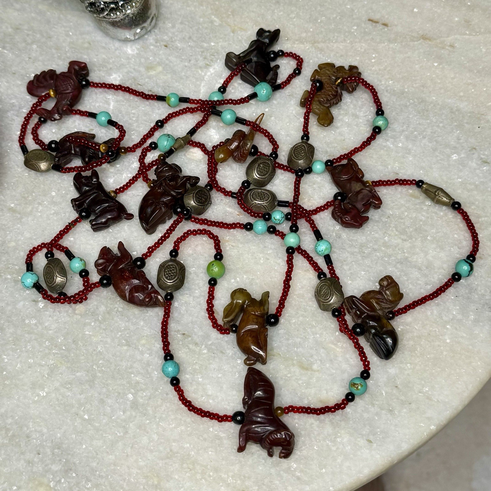Vintage Fetish Hand-Carved 12 Gemstones Chinese Zodiac Symbols 78” Long Necklace