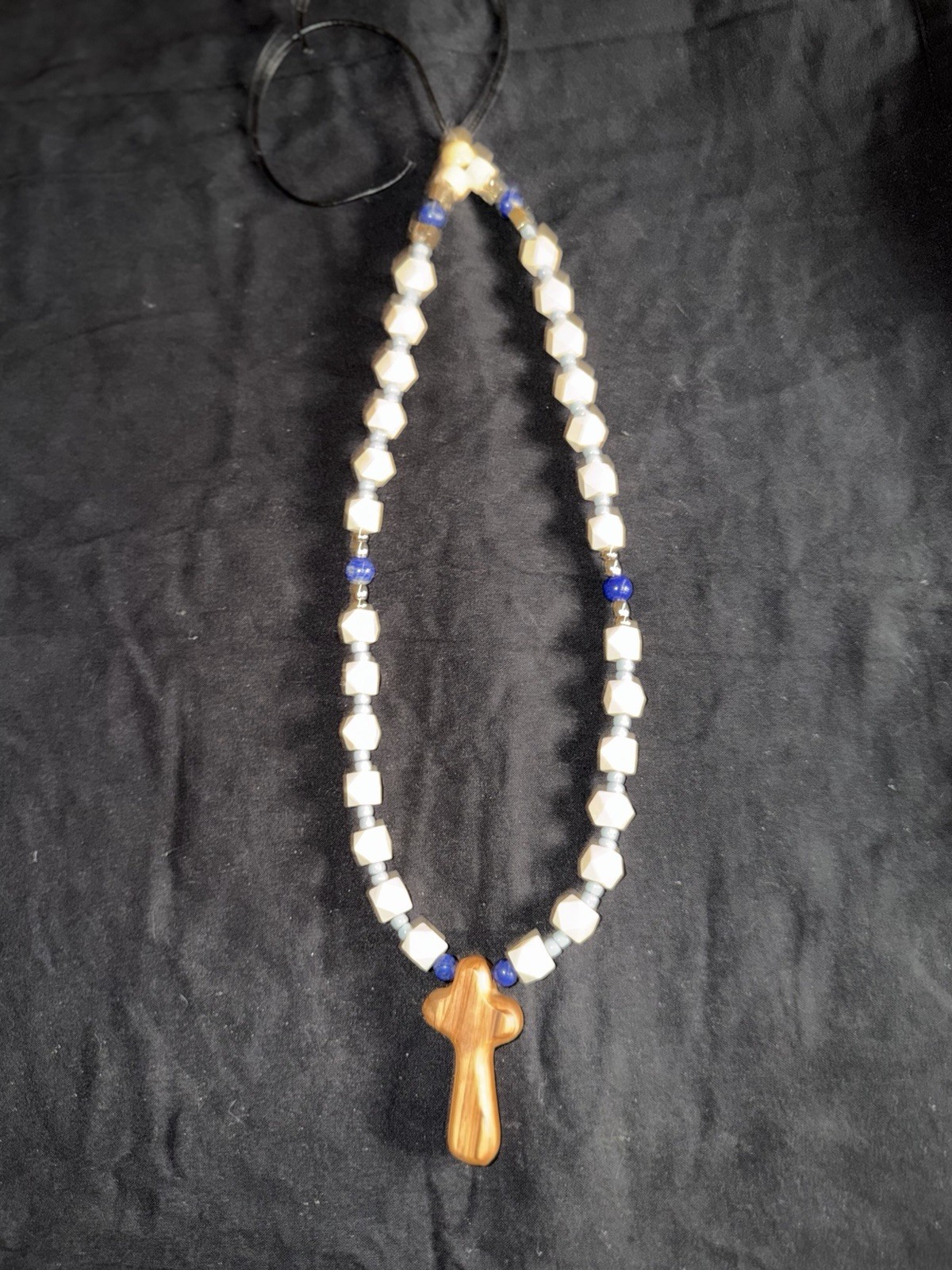 White Blue Brown Beaded Necklace w/ Religious Cross Charm Pendant Unisex