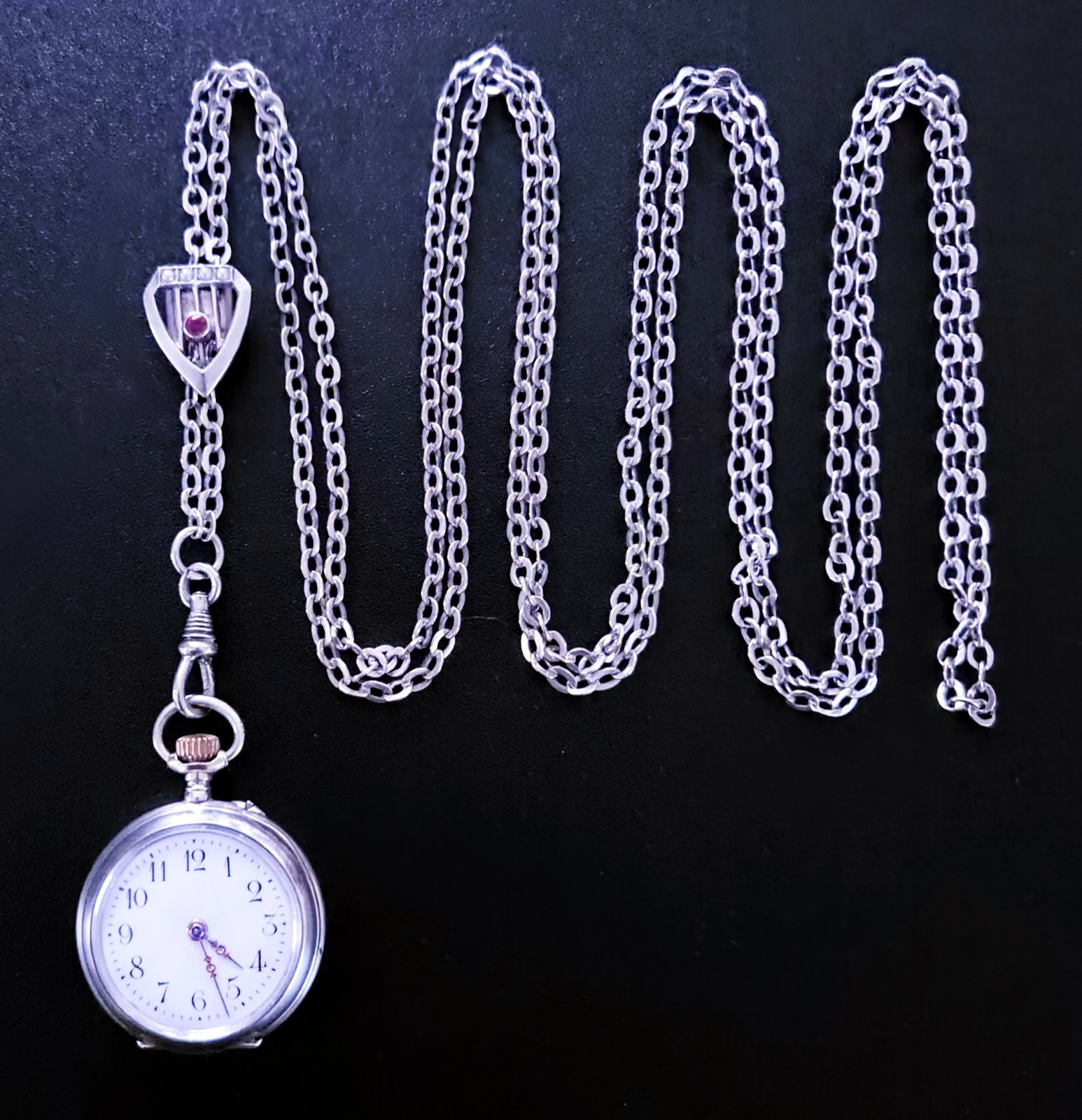 Victorian .800 Silver 57″ Guard Chain Watch Pendant Necklace Garnet Pearl Slide