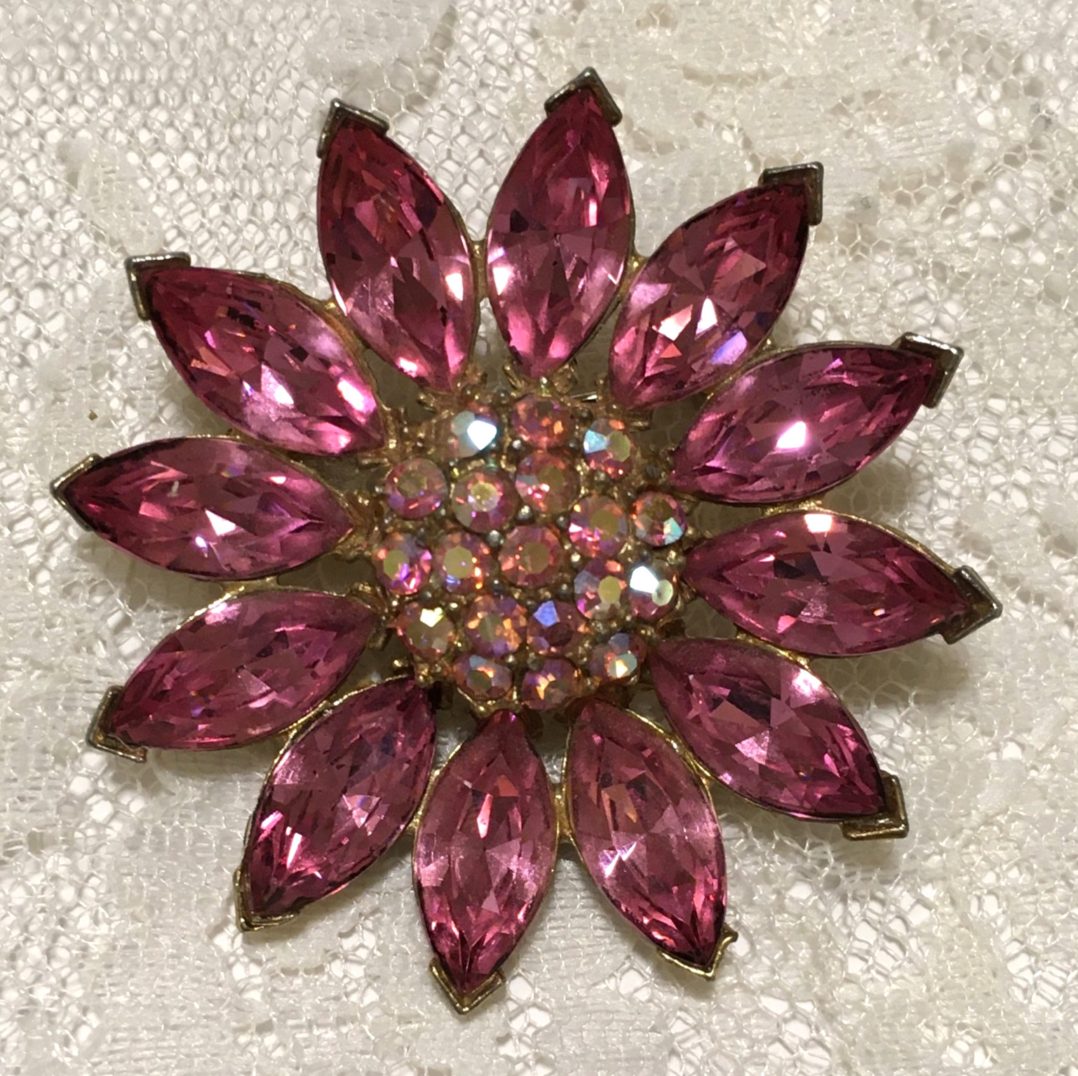 Vintage Pot Metal Brooch Gold Tone Pink Rhinestone Spring Jewelry