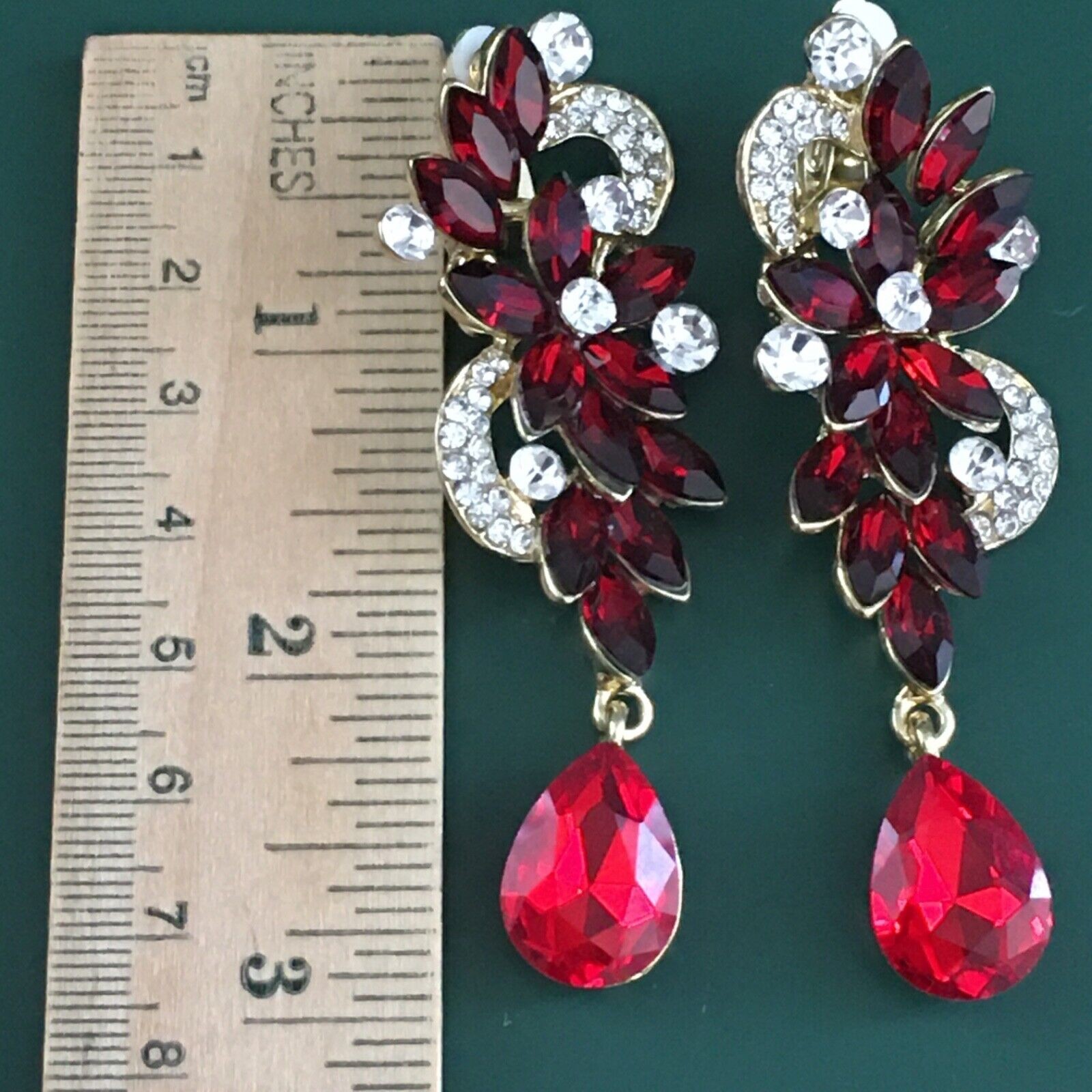 Red Rhinestone Statement Clip-On Earrings
