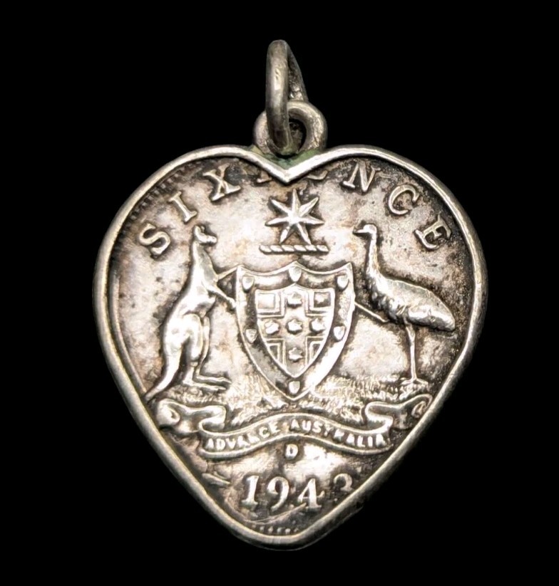 Vtg 1943 Australia Sixpence Heart Shaped Coin Charm Pendant Sweetheart Jewelry