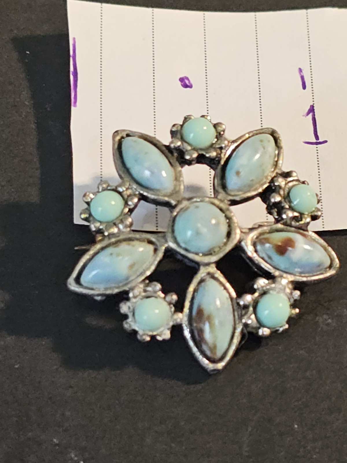 Vintage Star Flower Brooch Turquoise Look Silver Tone Pin Mexican Style Unsigned