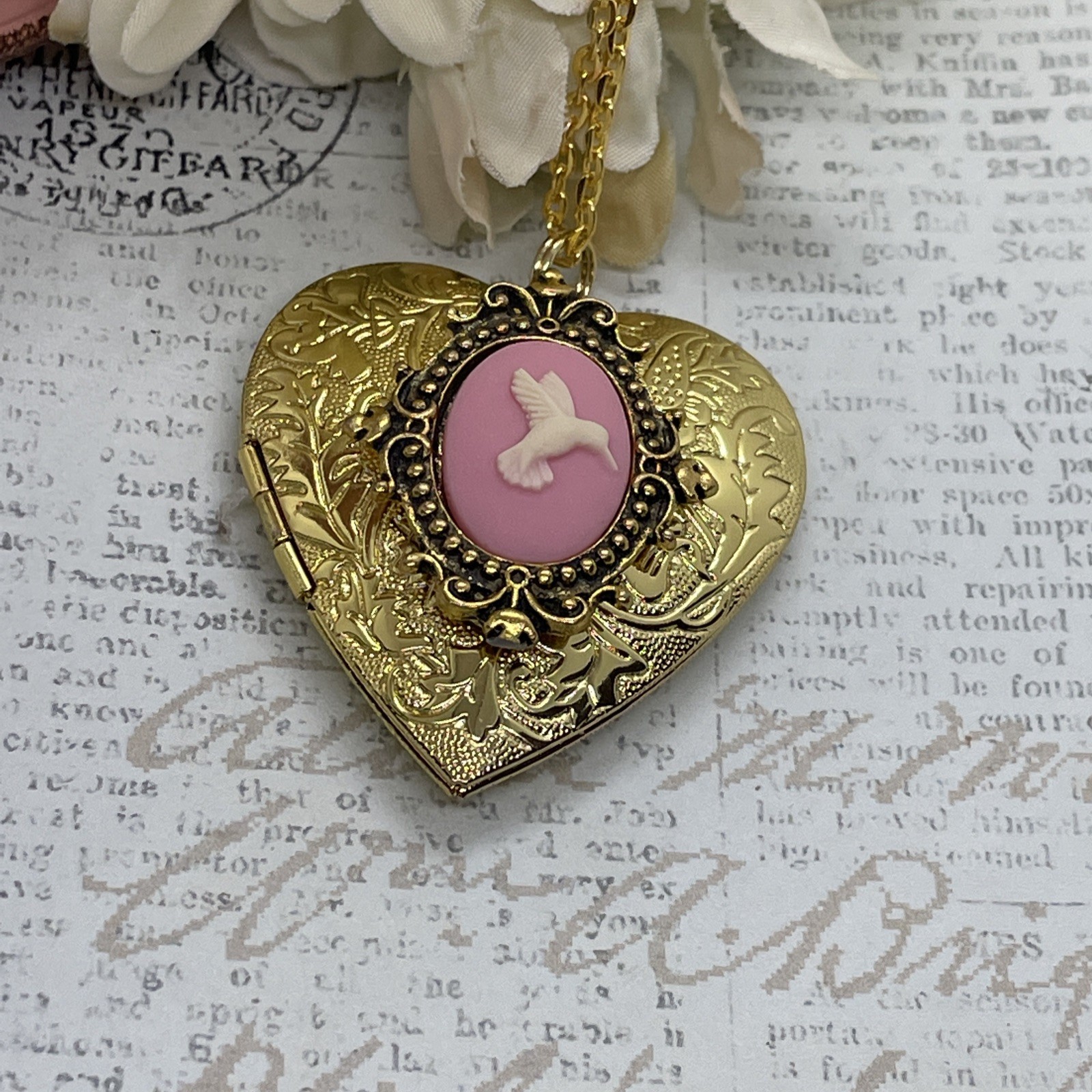 Gold Heart Locket Photo Pink Birthday Anniversary Wedding Hummingbird Necklace