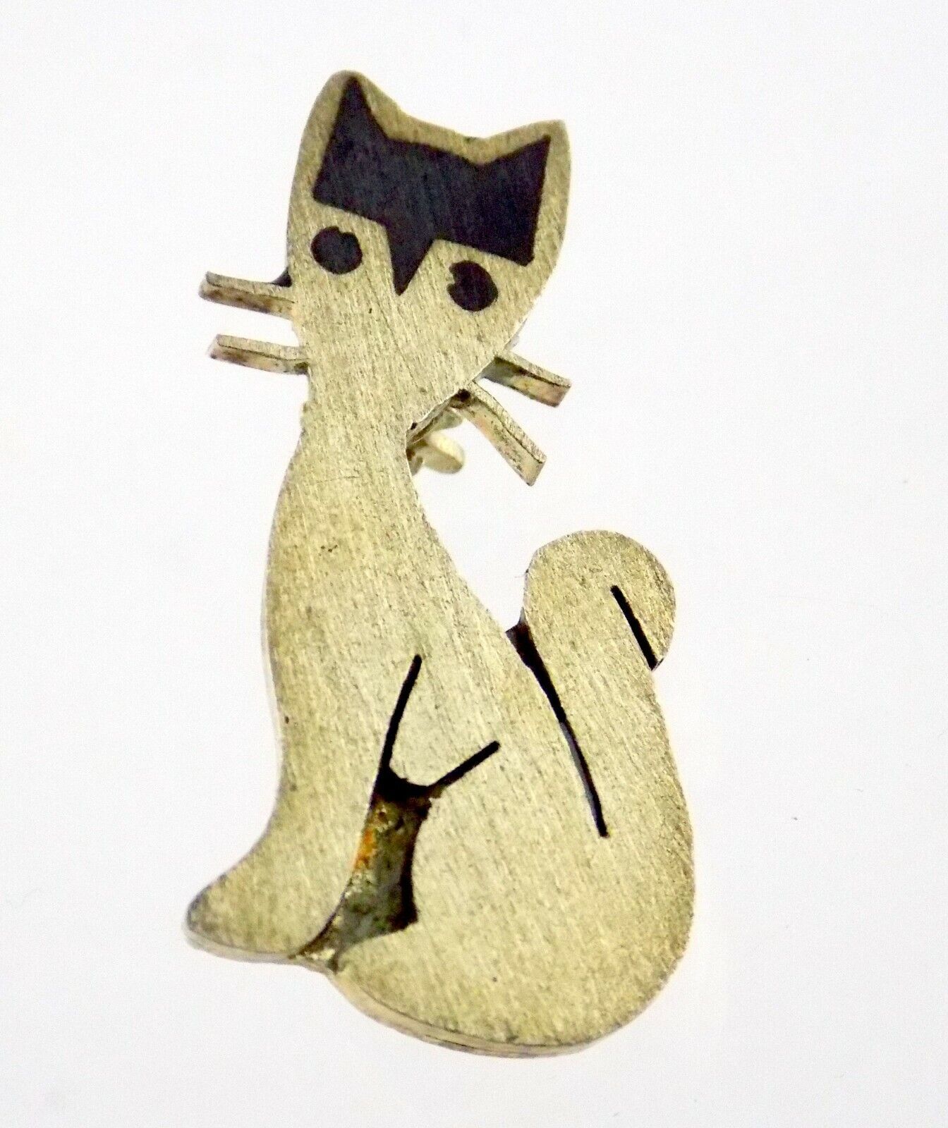 Vintage Mexico Alpaca Alloy Metal Black Inlay Design Cat Pin Brooch Kitty 4.4g