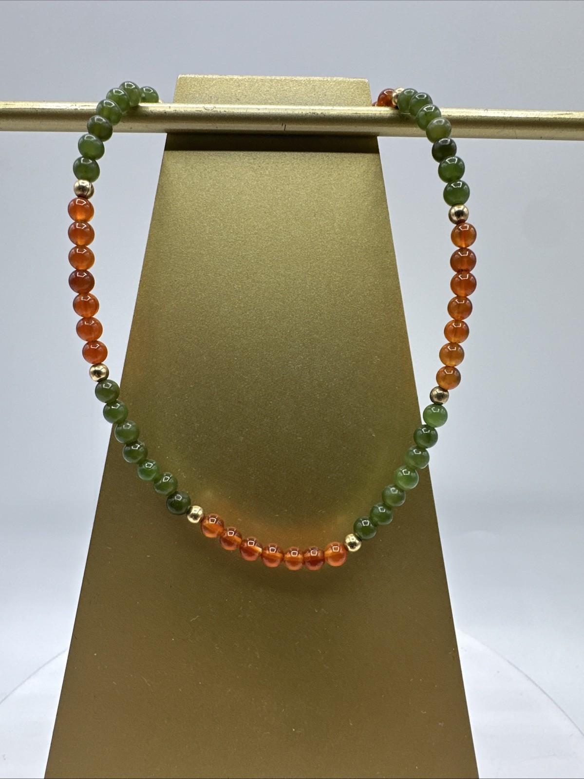 Vtg Jade Carnelian Gold Filled Beads Necklace Choker. 17” long. See pics.