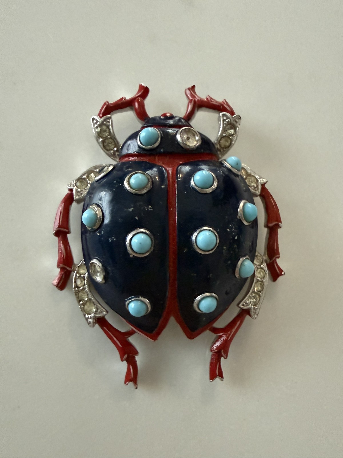 Trifari ‘Alfred Philippe’ Pave Navy Enamel/Turquoise Cabochons Ladybug Pin Clip