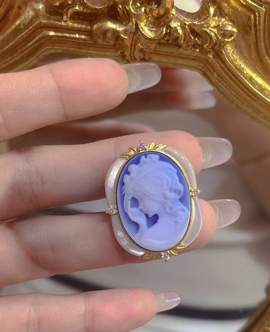vintage Cameo Brooch pendant blue agate silver antique jewelry anniversary gift