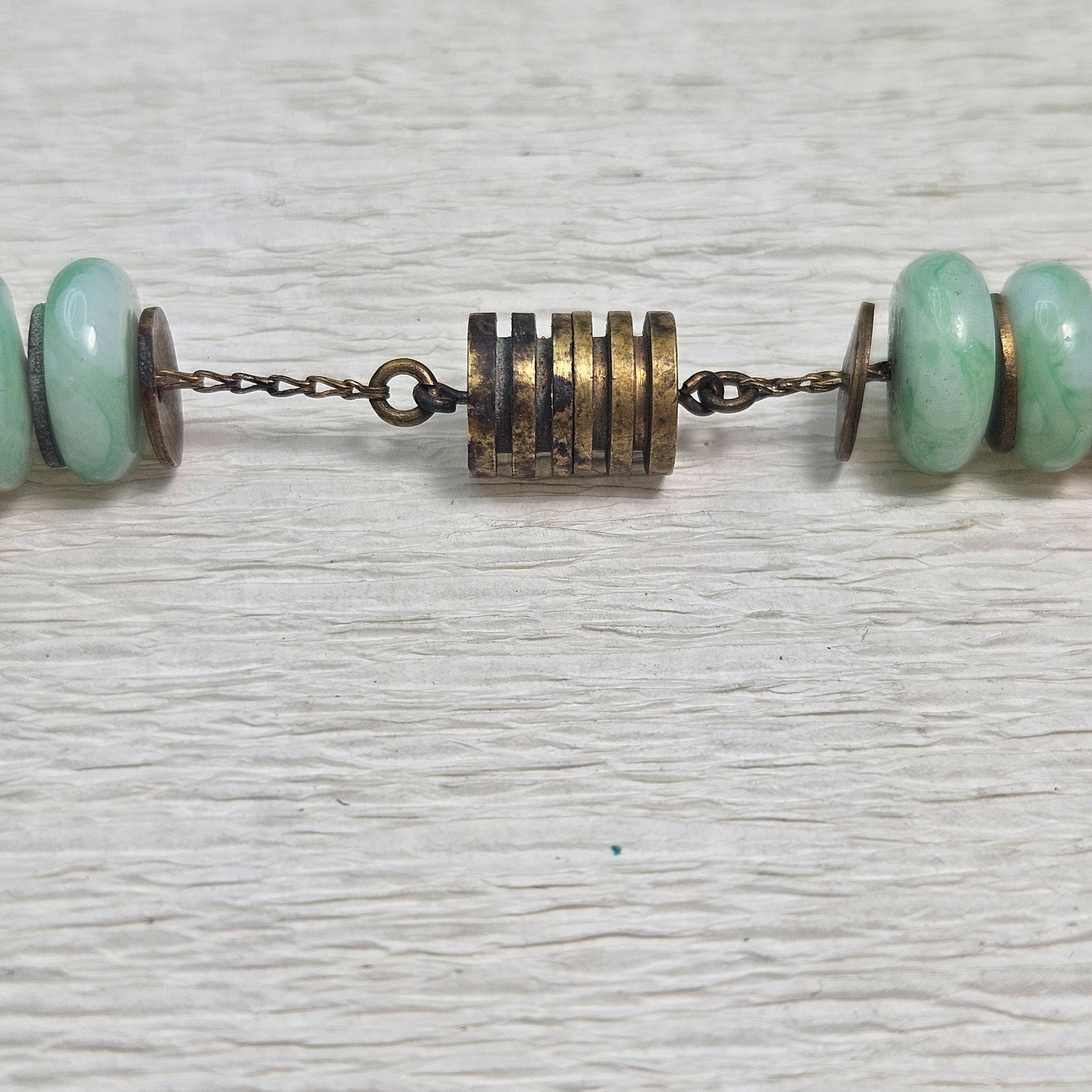 Confirmed ROUSSELET Peach & UV Marbled Green w Brass Discs Glass Bead Necklace
