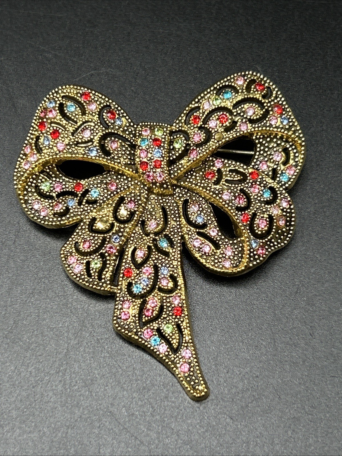 Modern Costume Jewelry Gold Tone Multicolor Bow Pin Brooch 2 1/2” Tall