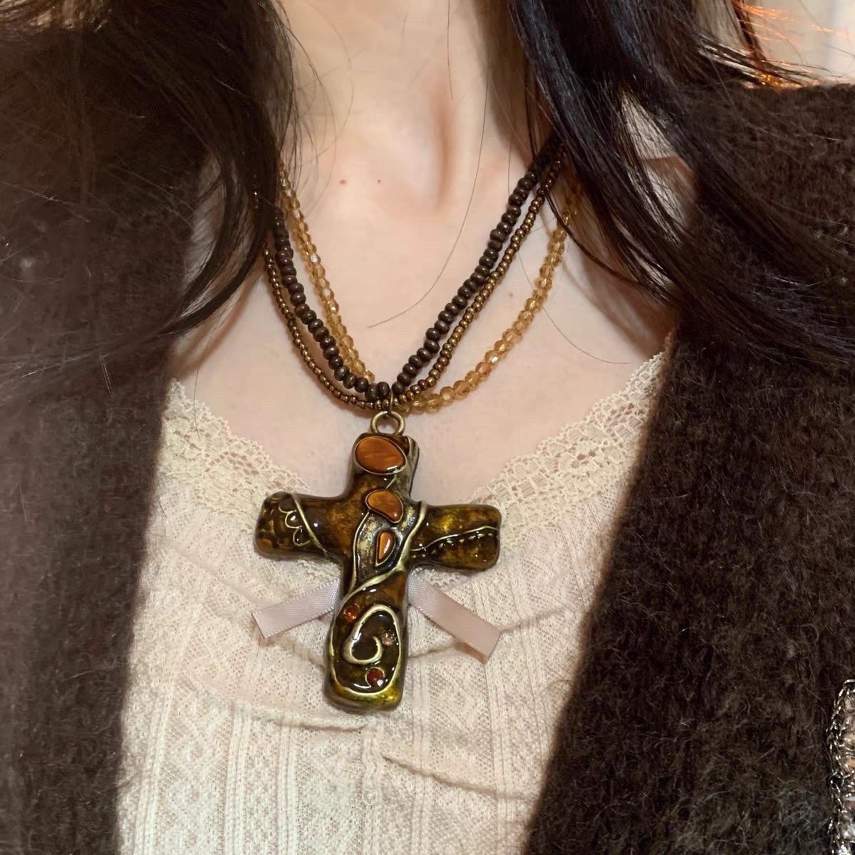 Vintage Retro Gothic Bohemian Cross Pendant Multi-Layered Beaded Chain Necklace