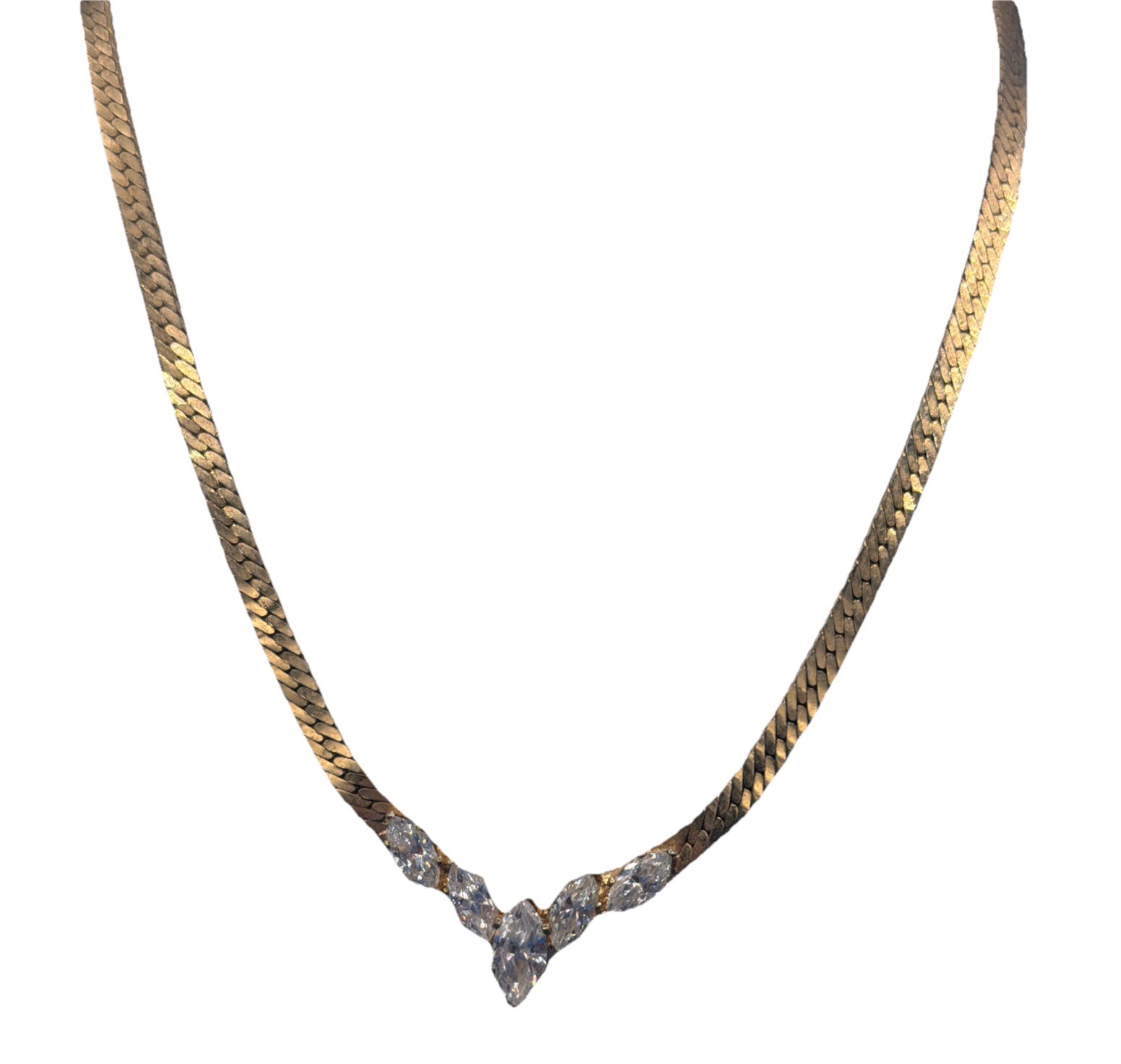 Retro Gold Plated Necklace – V‑Shaped Marquise Crystal Pendant Elegant Vintage