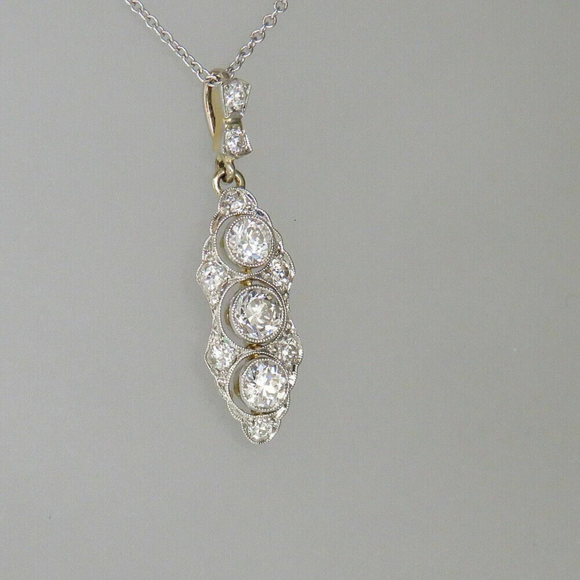 Art Deco Old European Lab Created Diamond Three-Stone Wedding 925 Silver Pendant