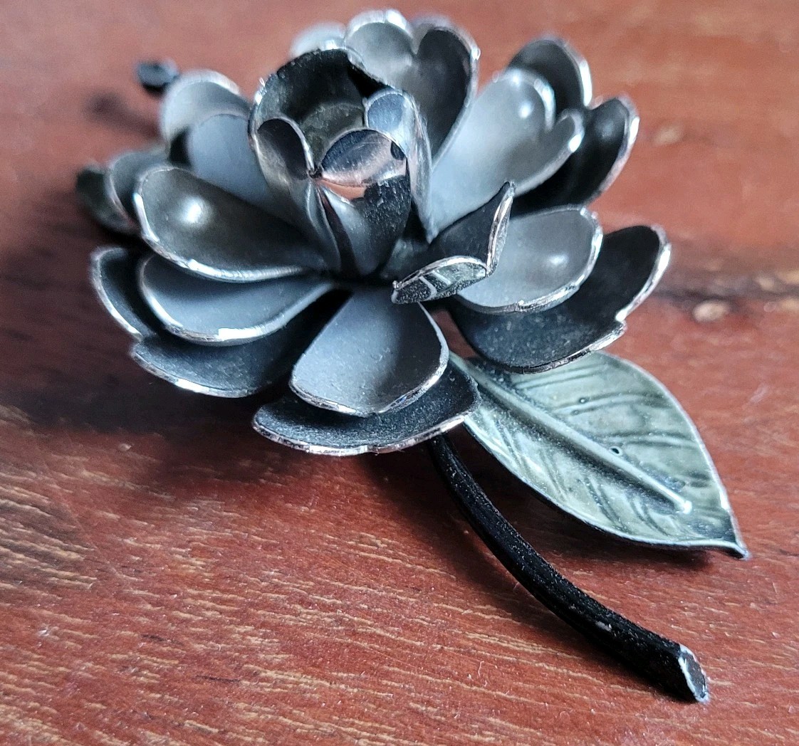 Coro Vintage Enamel Brooch Gothic Floral Pin Black & Silver Gray 1950s Botanical