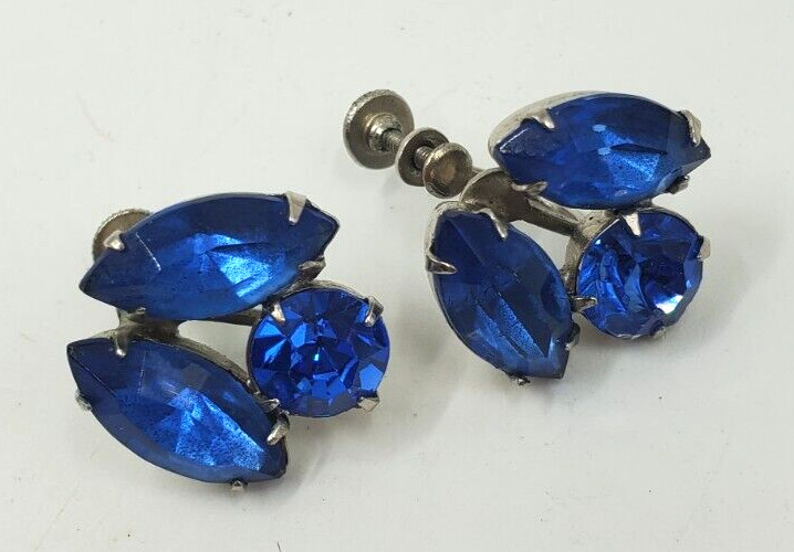 Vintage BLUE CRYSTALS RHINESTONE Spray BROOCH PIN W SCREW BACK EARRINGS