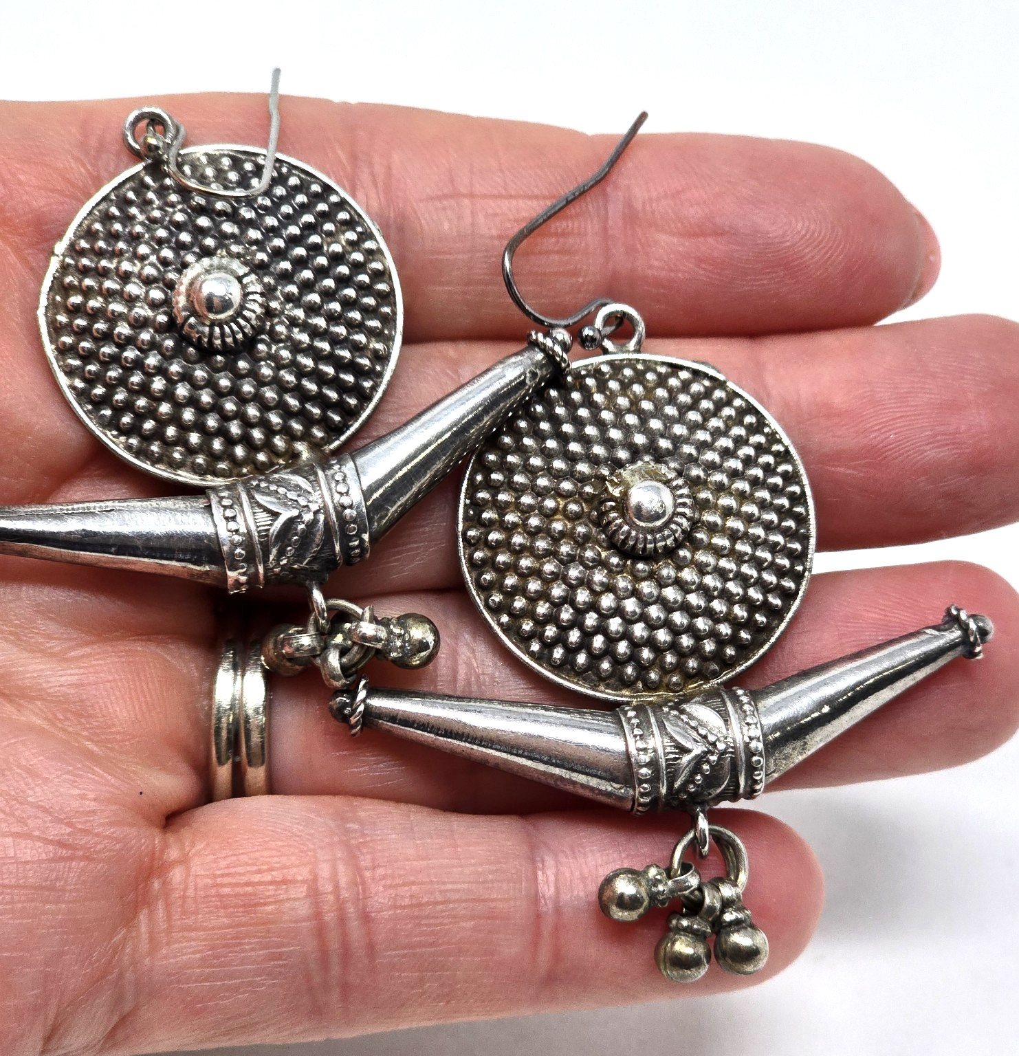 Large Handmade Solid Sterling Silver Earrings, India, Tribal, Unique 12.8g