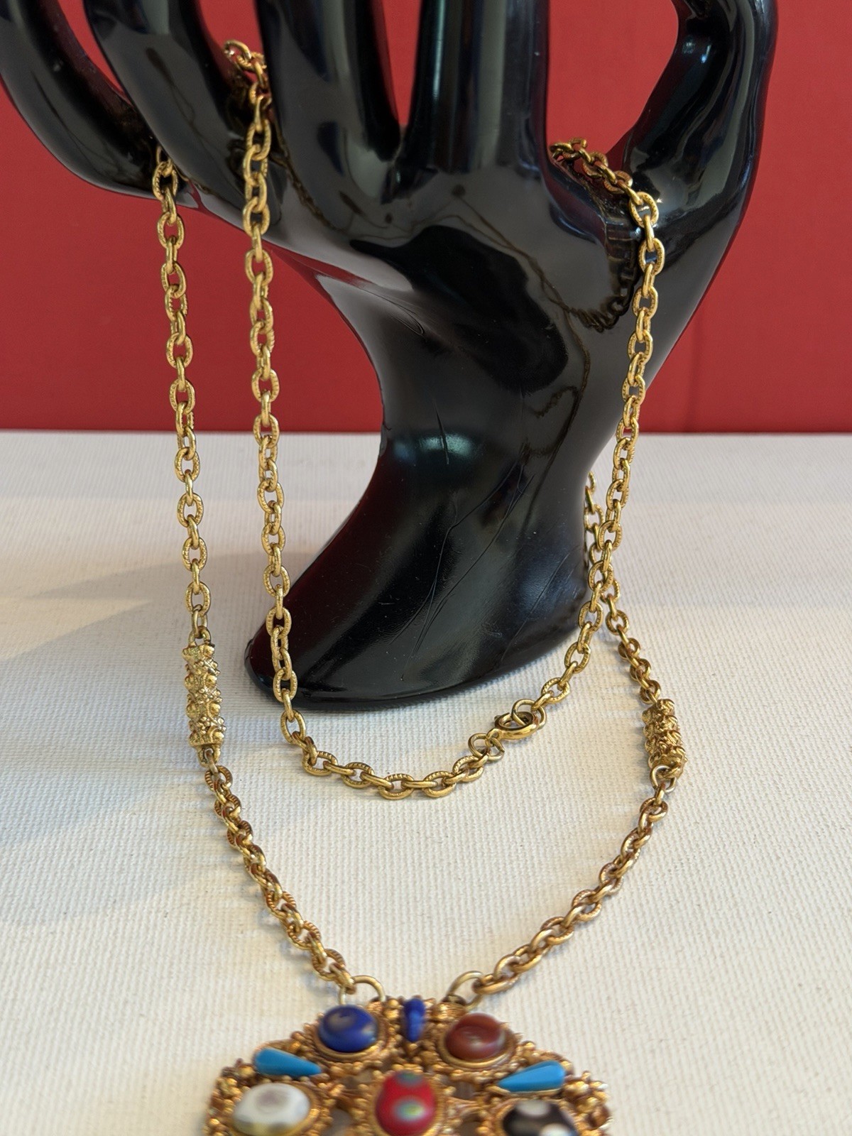 Vtg. Florenza Ornate Gold Tone Multi Color Cabochon Pendant Necklace 24” BinR