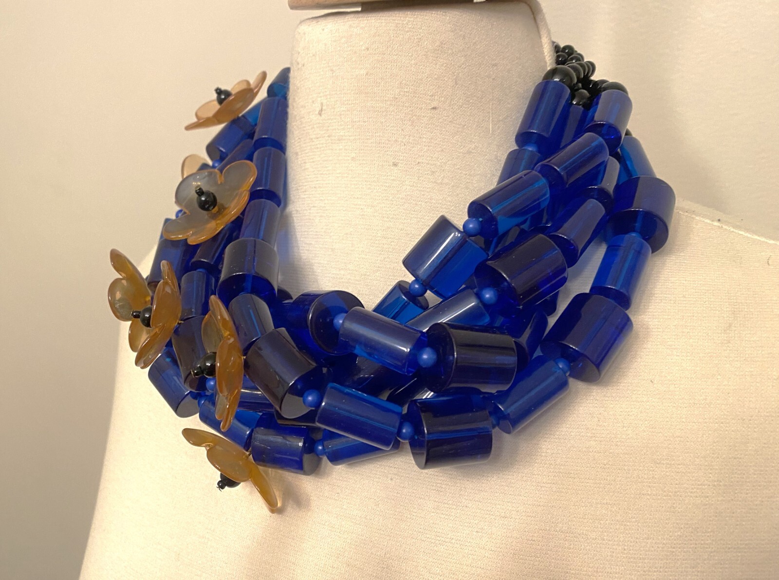 Fabulous Blue Tubular Lucite & Flowers Multi Strand Necklace