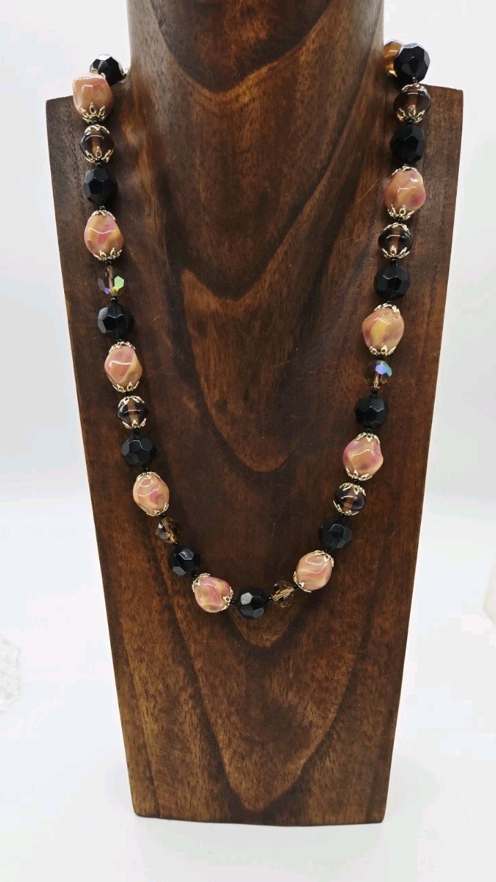 Necklace Amber Brown Peach Multicolored Glass Beaded Signed JAPAN 21 in