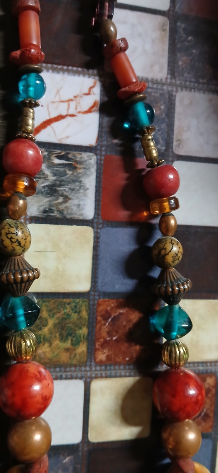 Signed SURLES Vintage Modernist Brass Bib Necklace Colorful Art Glass Beaded