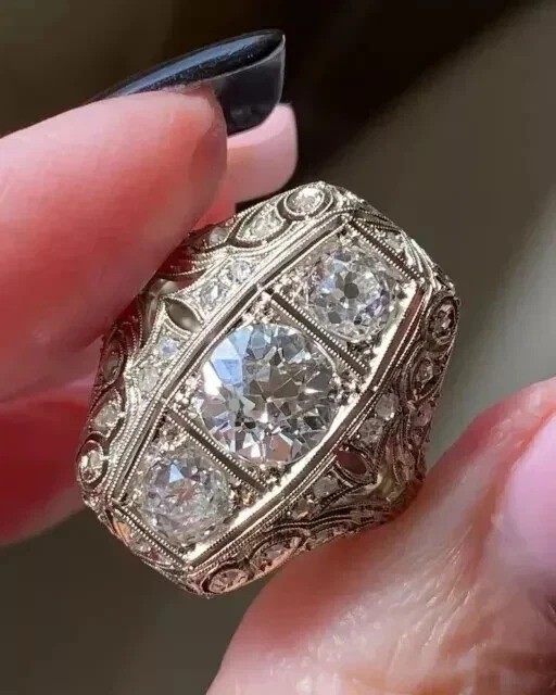 Art Deco Style 3.28Ct Lab Created Diamond 3-Stone Wedding 14K White Gold FN Ring