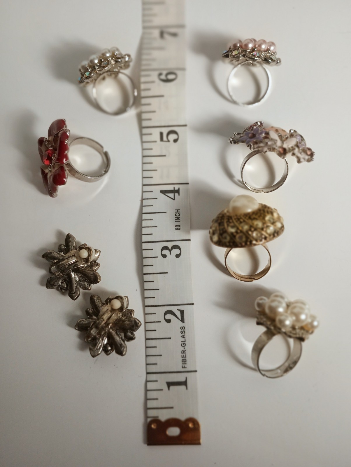Vintage Adjustable Costume Ring Lot 6pc Metal Rhinestone & Faux Pearl Multicolor