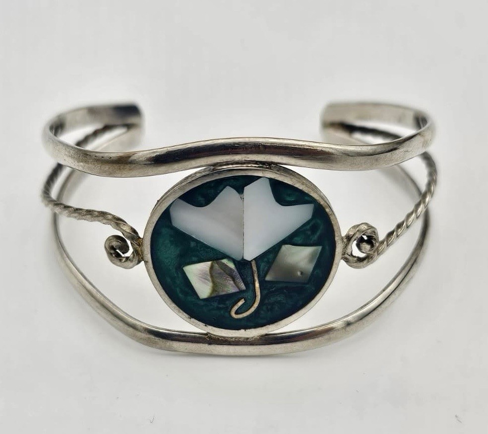 Vintage Mexico Alpaca MOP Abalone Flower Inlay Bracelet Cuff For Thin Wrist