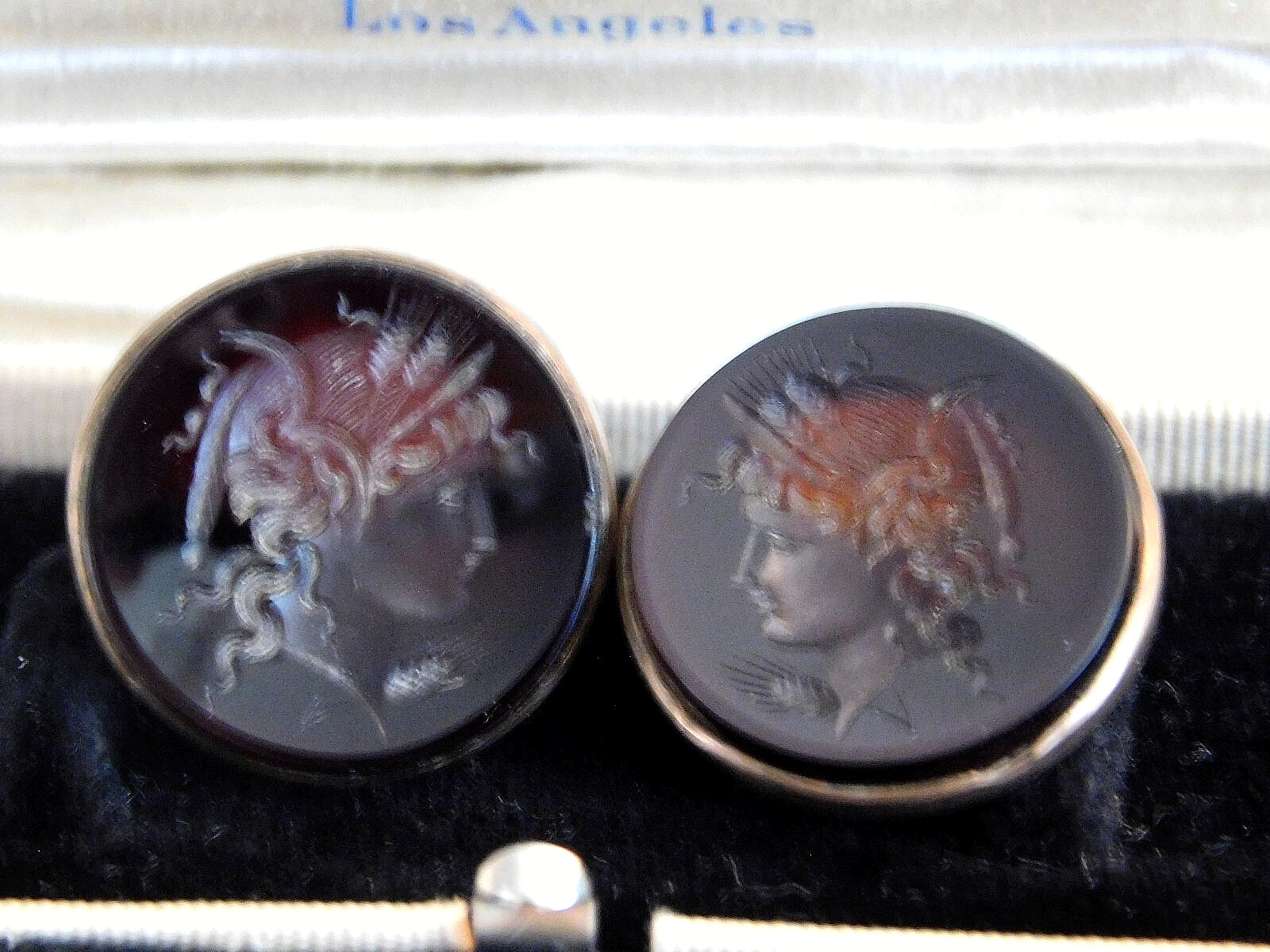 AMAZING Edwardian RENAISSANCE REVIVAL CARVED CARNELIAN CUFFLINKS, GODDESS, 1900