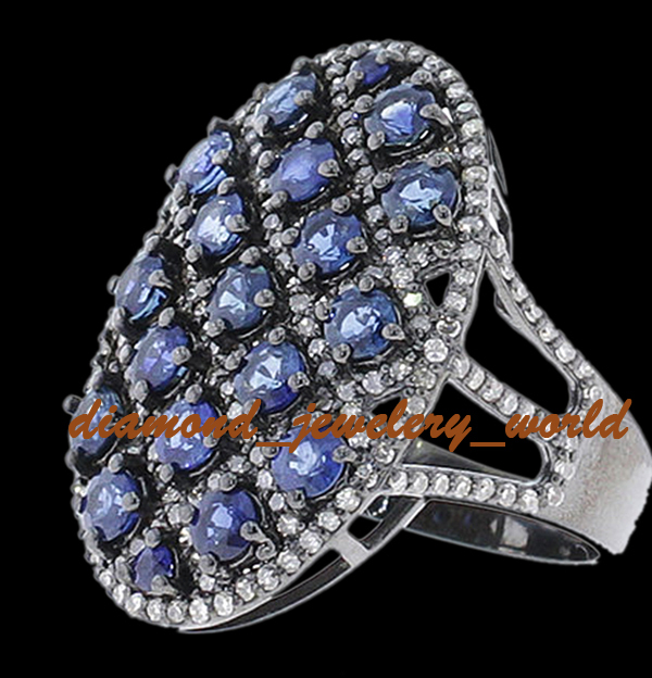 Gorgeous 2.78ctw Rose Cut Diamond Sapphire Studded Silver Victorian Ring Jewelry