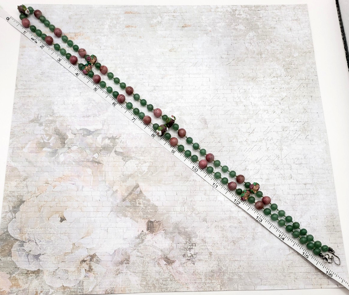 VINTAGE HAND KNOTTED GREEN JADE JADEITE & PINK QUARTZ & GLASS BEAD BALL NECKLACE