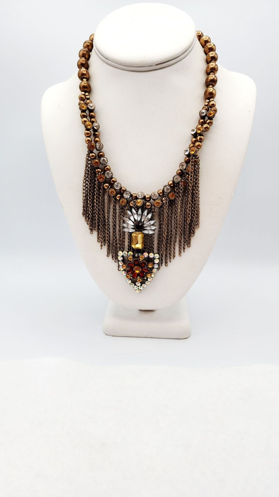 Signed Beaded chain rhinestone bib statement necklace 18″