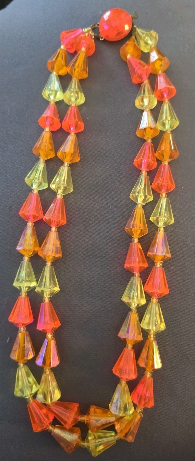 Vtg Made Austria Gold Tone Orange Yellow Lucite Beaded Layered Necklace 19.5”