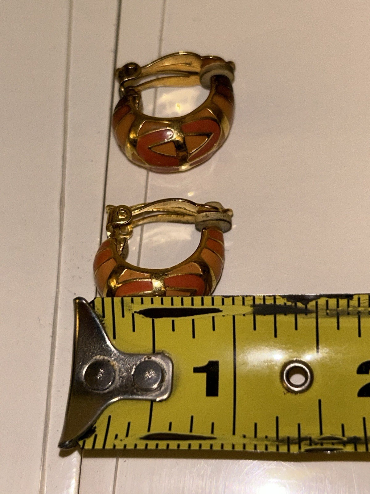 Vintage Joan Rivers Coral Enamel Hoop Clip-On Earrings Costume Jewelry Excellent