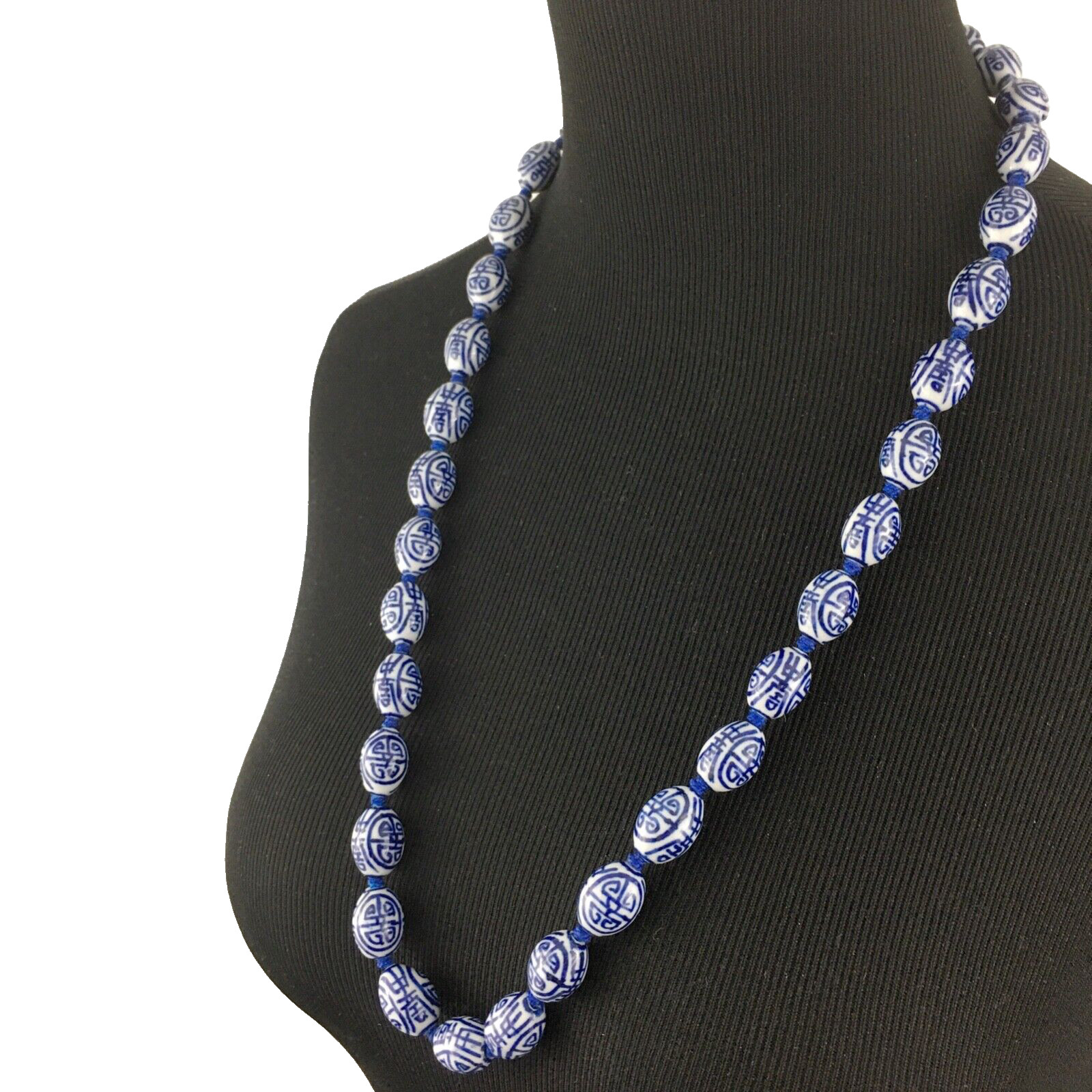 CHINESE porcelain necklace – blue & white barrel beads shou symbol 29″ knotted