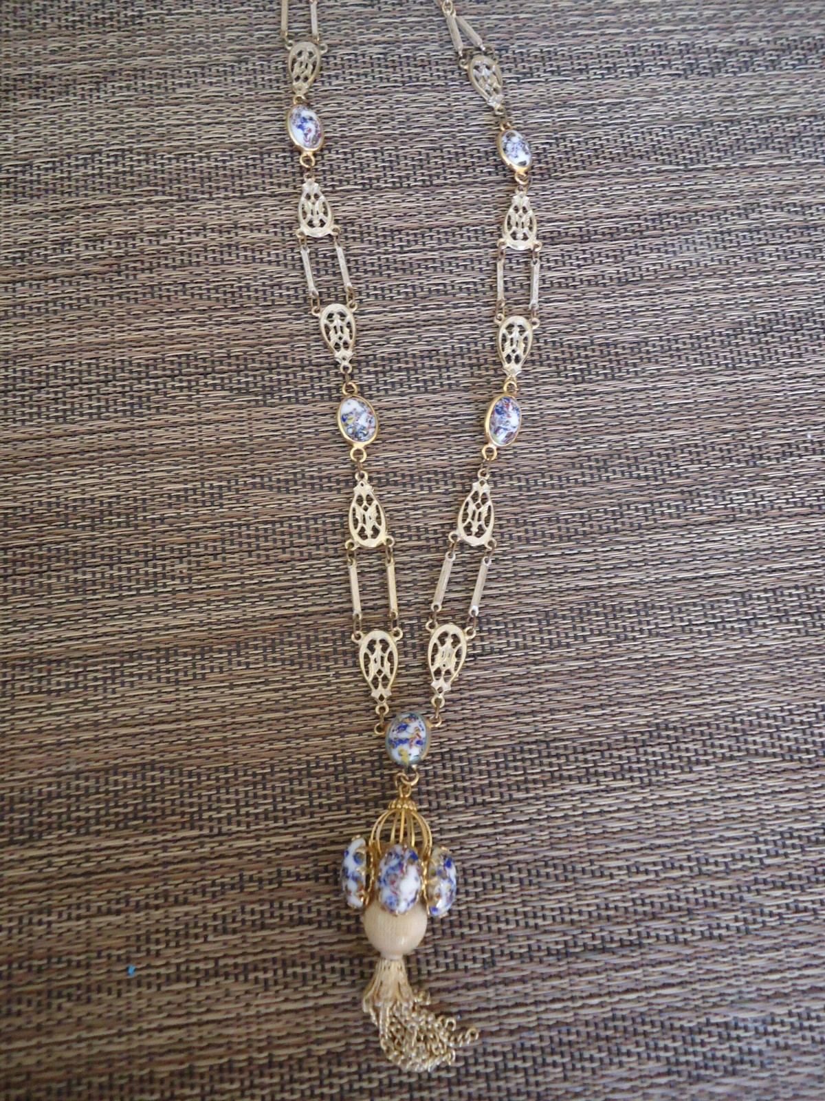 Vintage Art Glass Lavalier Filigree Tassel Necklace, Gold Tone, 22″