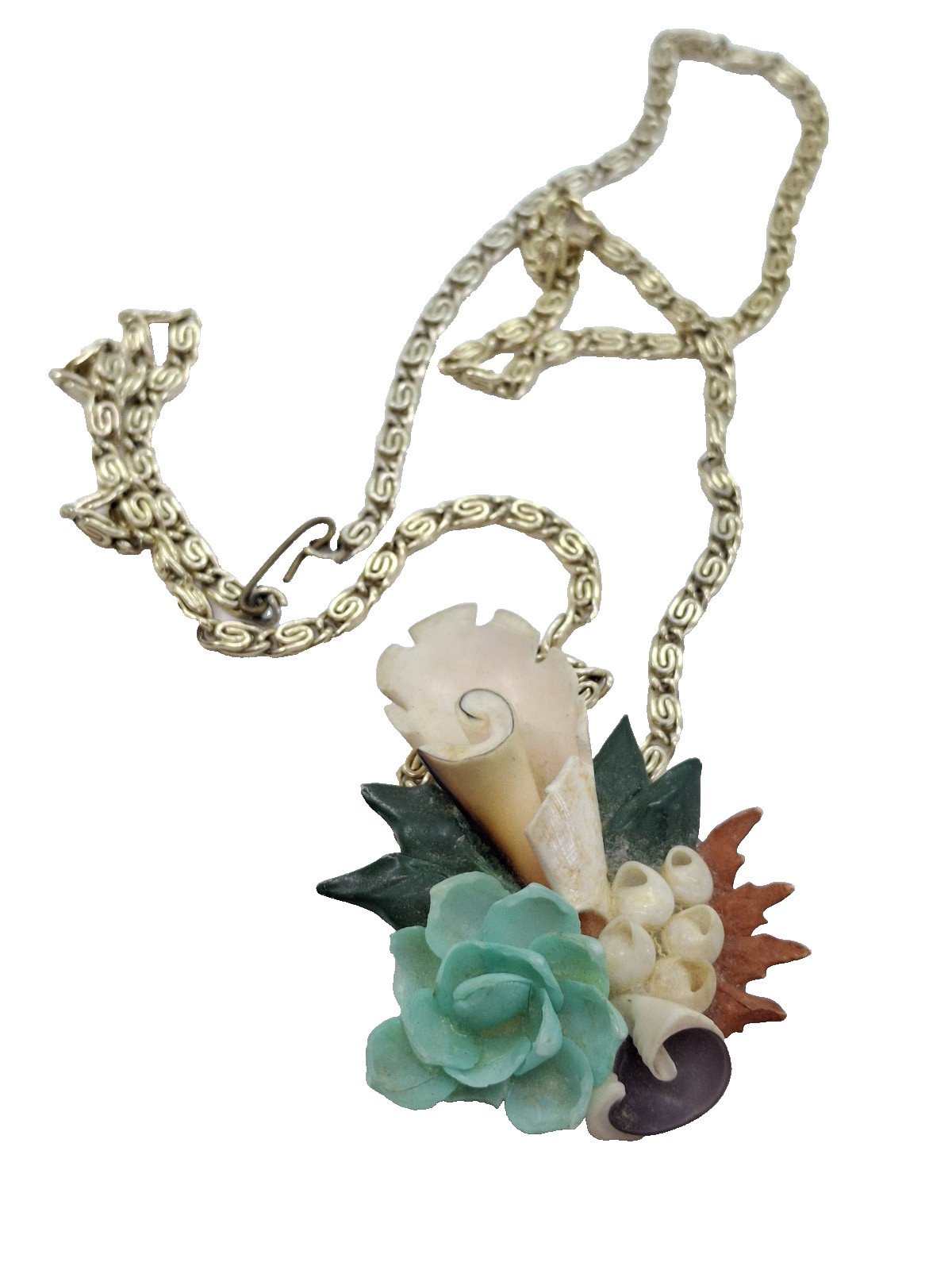 Vintage sea shell art pendant necklace beach mermaidcore paperclip chain