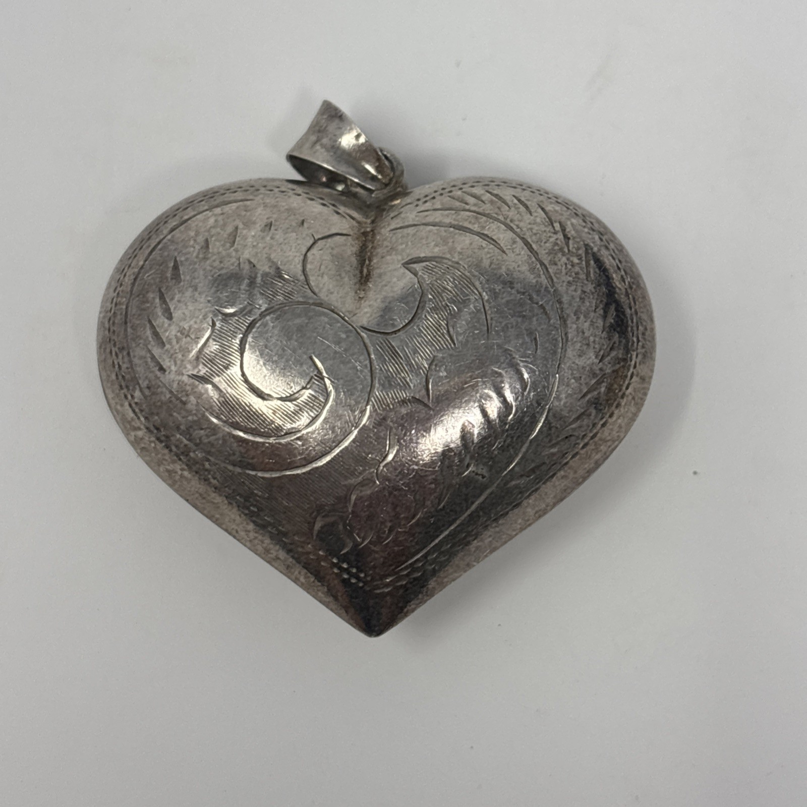 Vintage Sterling Silver Puffy Heart Pendant Etched Floral 13.4g Large
