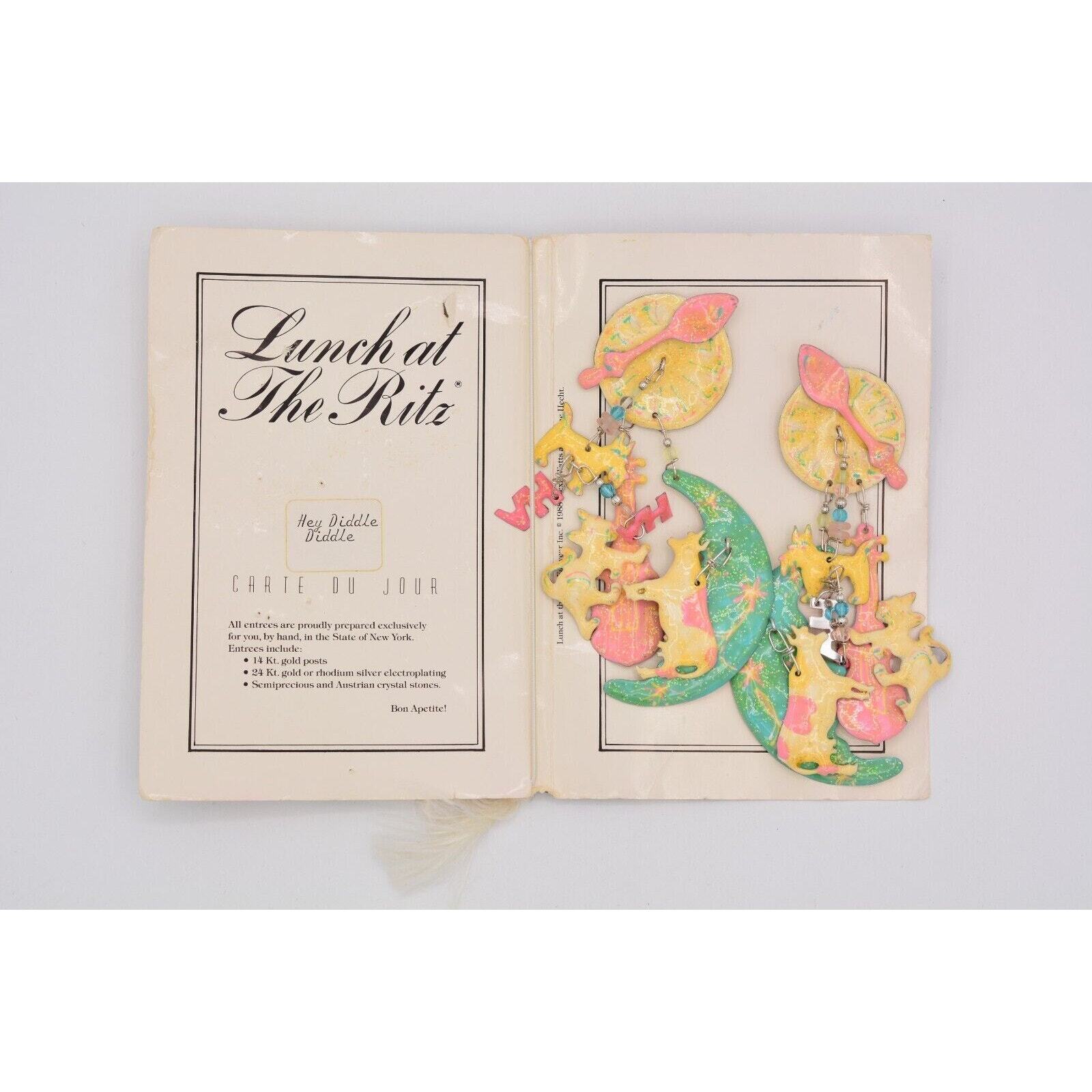 Lunch At The Ritz Vintage Hey Diddle Earrings Dangle Pierced 1980s Signed CARD