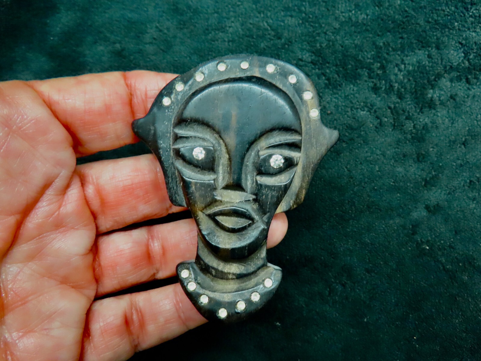 Vintage-1940’s My Private Collection African Princess Wooden Brooch w/Rhinestone